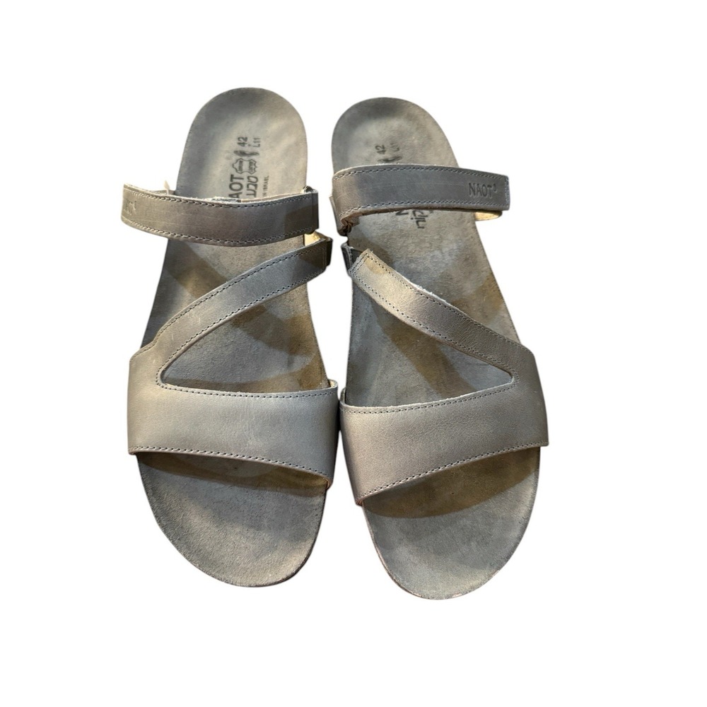 Naot Gabriela Slide Sandals Low Wedge Gray Leather Size 42 US 11-11.5